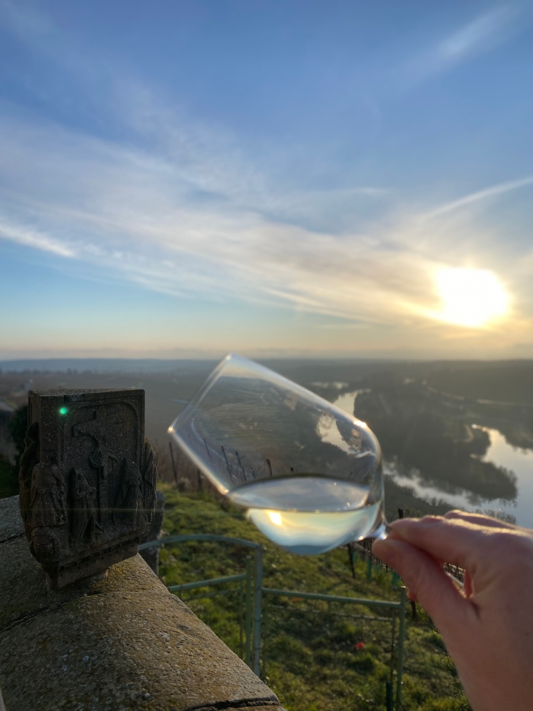 Weinglas mit Juliusspital BIO Müller Thurgau an der Mainschleife in Volkach auf dem Blog für nachhaltigen Lifestyle, selfmade Naturkosmetik, selbstgemachte Geschenkideen und die besten Gins und Weine